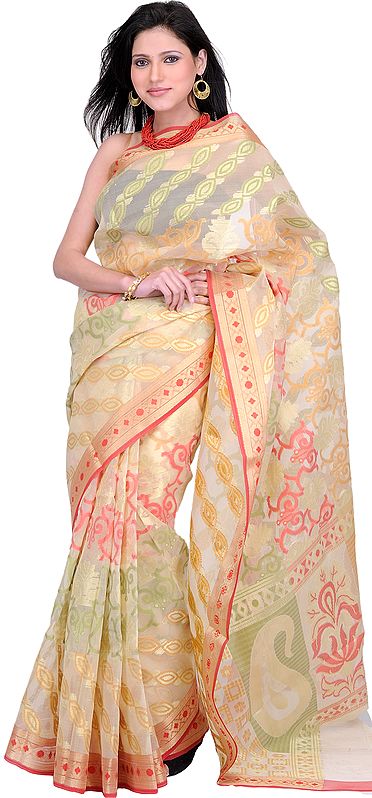 Snow-White Banarasi Sari with Giant Woven Paisleys in Golden Thread