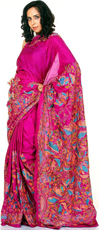 Sparkling-Grape Kantha Sari with Hand-Embroidered Flowers