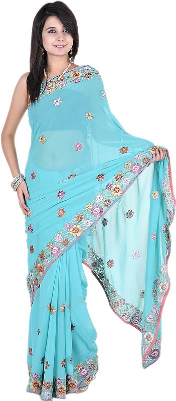 Spectra-Green Sari with Parsi Embroidered Flowers