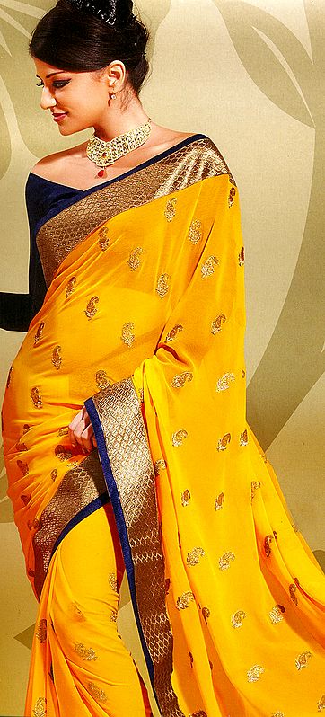 Spectra-Yellow Designer Sari with Metallic-Thread Embroidered Paisleys and Patch Border