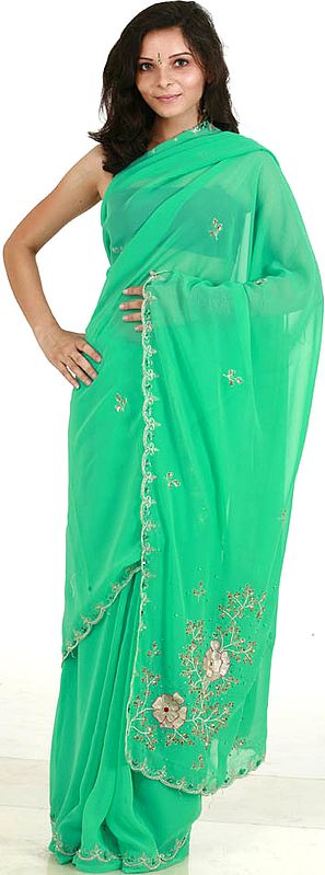 Spring Green Sari with Beads and Floral Embroidery on Pallu