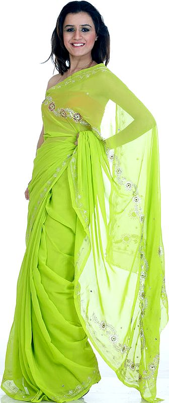Spring-Bud Green Sari with Sequins Embroidered as Flowers