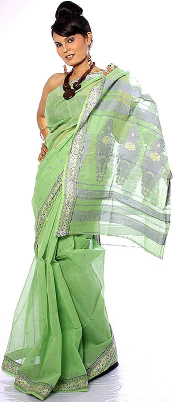 Spring-Green Tengail Sari from Kolkata with Woven Bootis