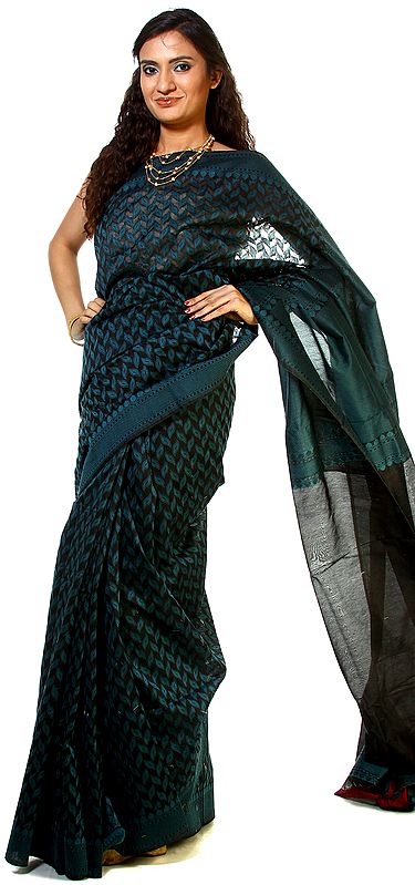 Stargazer-Blue and Black Banarasi Sari with All-Over Woven Leaves
