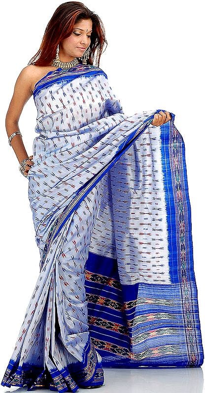 Steel Blue Ikat Sari Hand-Woven in Pochampally