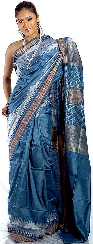 Steel-Blue Sambhalpuri Sari with Temple Border and Ikat Weave from Orissa