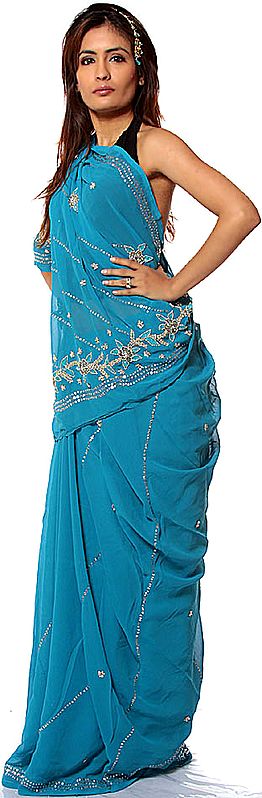 Steel-Blue Sari with All-Over Sequins and Beadwork
