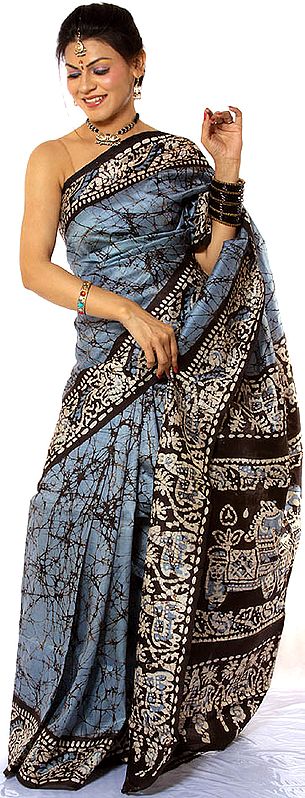 Steel-Gray Batik Sari from Kolkata