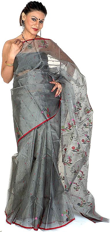 Steel-Gray Chanderi Sari with All-Over Bootis and Floral Weave on Anchal