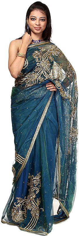 Stellar-Blue Designer Wedding Sari with Zardozi Embroidery All-Over
