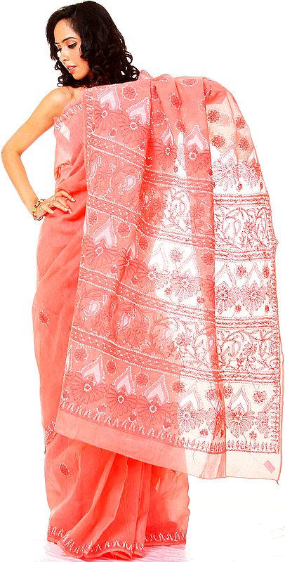 Strawberry-Ice Sari with Lukhnavi Chikan Embroidery