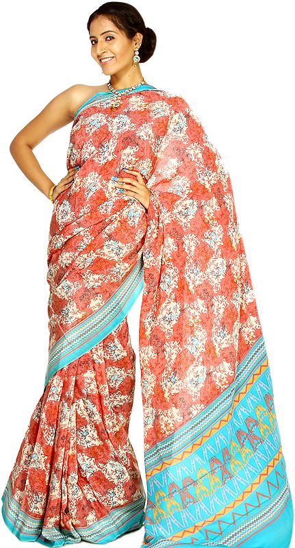 Sugar-Coral Suryani Sari from Mysore with Modern Print