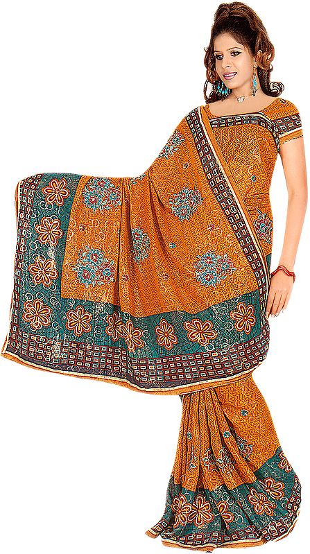 Sunflower-Mustard Sari with Printed Border and Embroidered Flowers