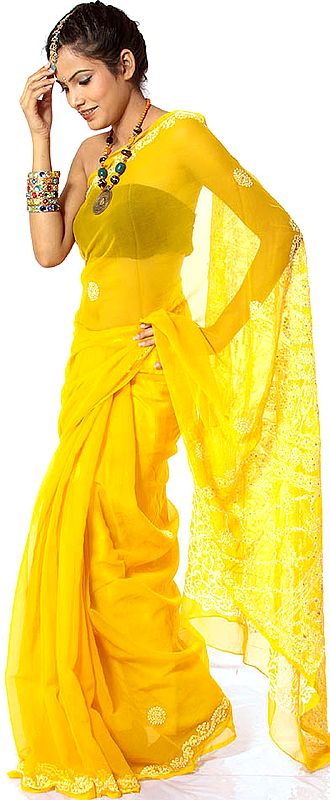 Sunflower-Yellow Lukhnavi Chikan Embroidered Sari with Sequins