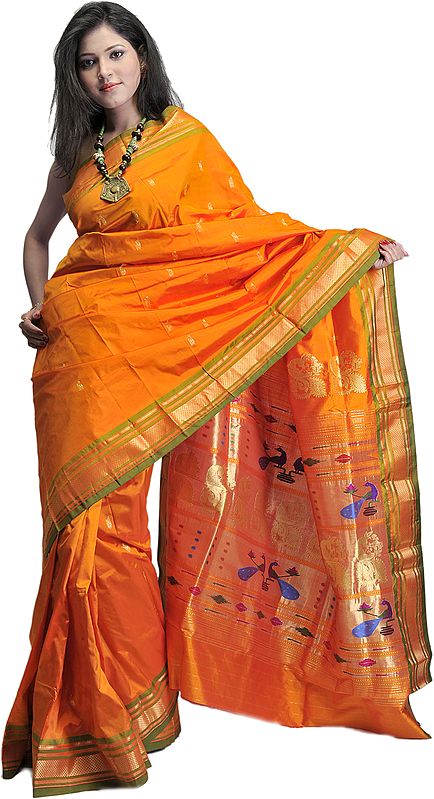 Sun-Orange Paithani Sari with Zari Thread Woven Peacocks on Anchal
