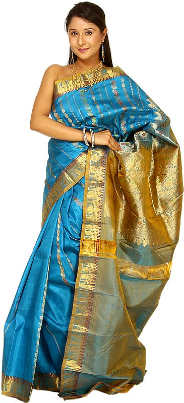 Swedish-Blue Kanjivaram Hand-Woven Sari from Karnataka with Woven Leaves and Brocaded Aanchal