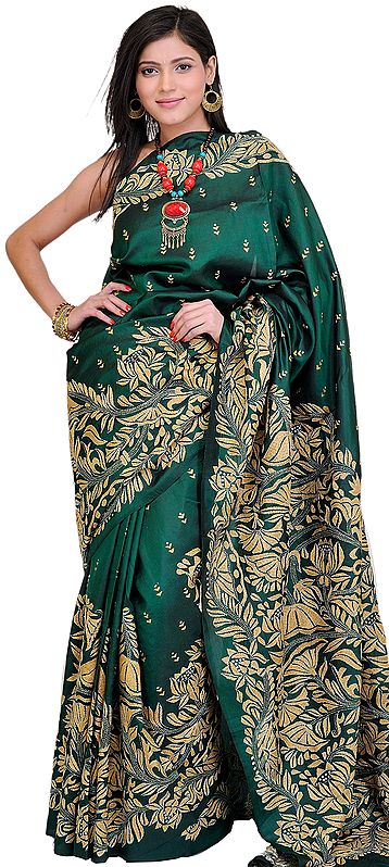 Sycamore-Green Kantha Sari from Bengal with Hand-Embroidered Lotuses