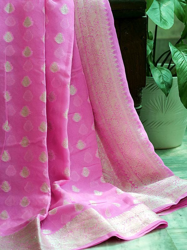 Baby-Pink Khaddi Silk Banarasi Saree With Brocaded Floral Motif