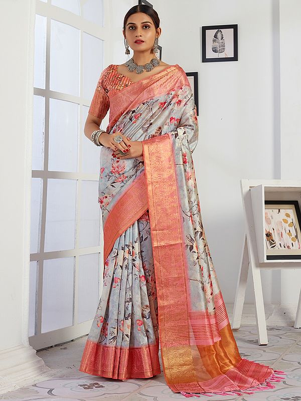 Heavy Assam Silk Floral Rose Digital Print Saree With Blouse And Heavy Swarovski Work
