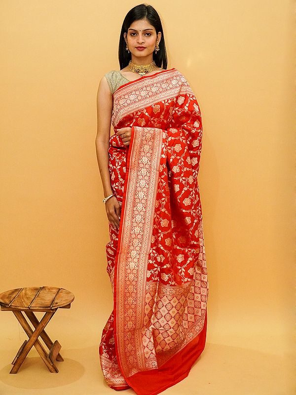 Banarasi Pure Katan Silk Floral Jaal Pattern Saree With Diamond Pattern Border