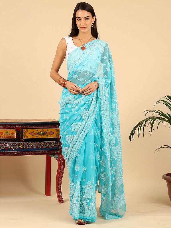 Aqua-Blue Lukhnawi Chikankari Sari with All-Over Hand-Embroidered Flower-Paisley Pattern