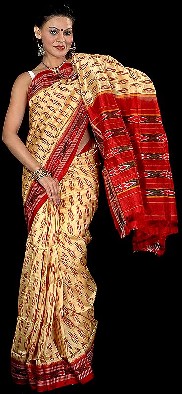 Tan and Burgundy Ikat Sari Hand-Woven in Pochampally
