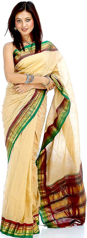 Tan Handwoven Gadwal Sari with Vertical Stripes