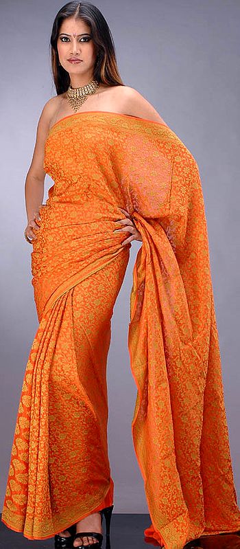 Tangerine Crepe Silk Sari from Banaras with all-over Floral Weave
