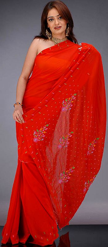 Tangerine Georgette Sari with Embroidery