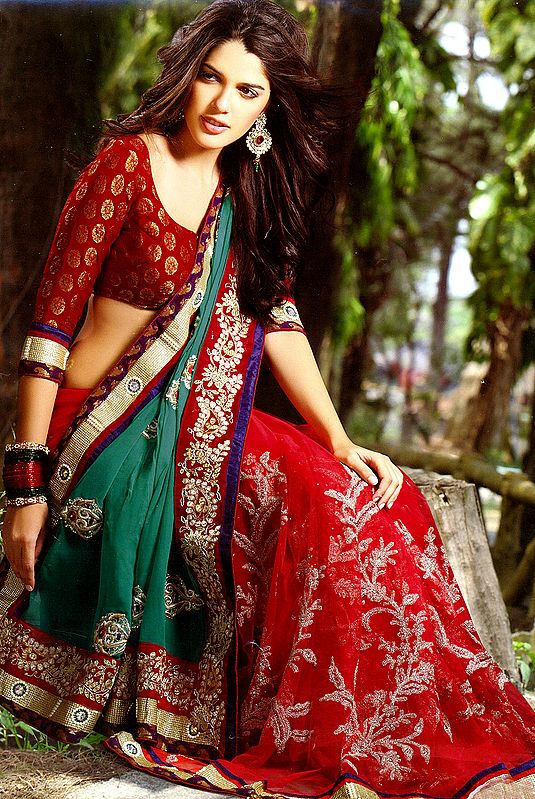 Tango Red and Green Designer Sari with Metallic Thread Embroidery and Patch Border