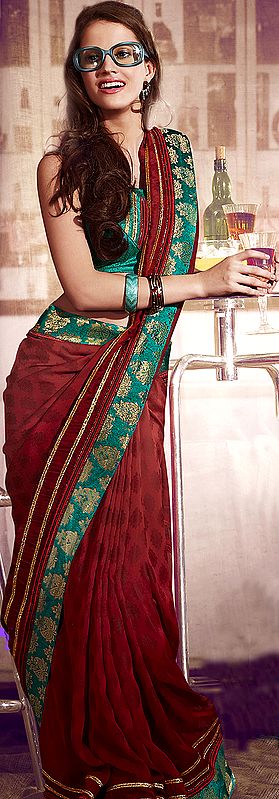 Tango-Red Designer Sari with Paisley Patch Border and Self-Weave of Flowers