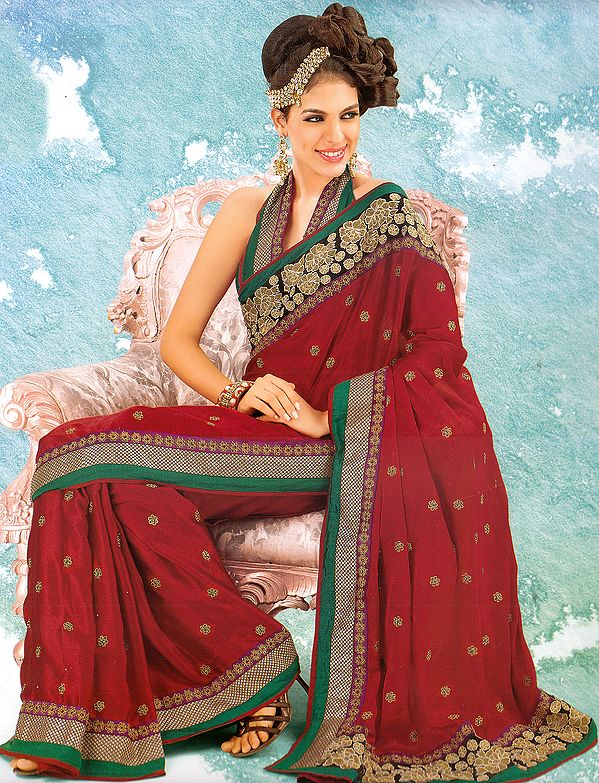 Tango-Red Wedding Sari with Embroidered Flowers, Sequins and Patch Border