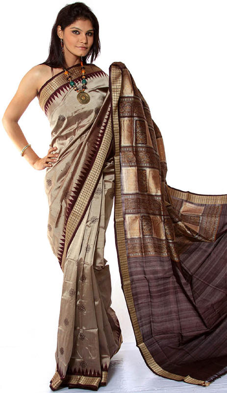 Taupe Gray Bomkai Sari with Temple Border and All-Over Bootis Hand-Woven in Orissa