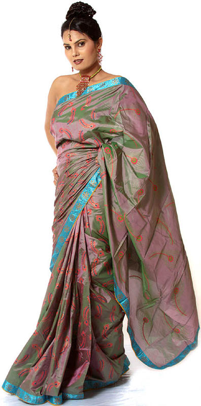 Taupe-Gray Double Hued Sari with Hand-Painted Peacock Feathers All-Over