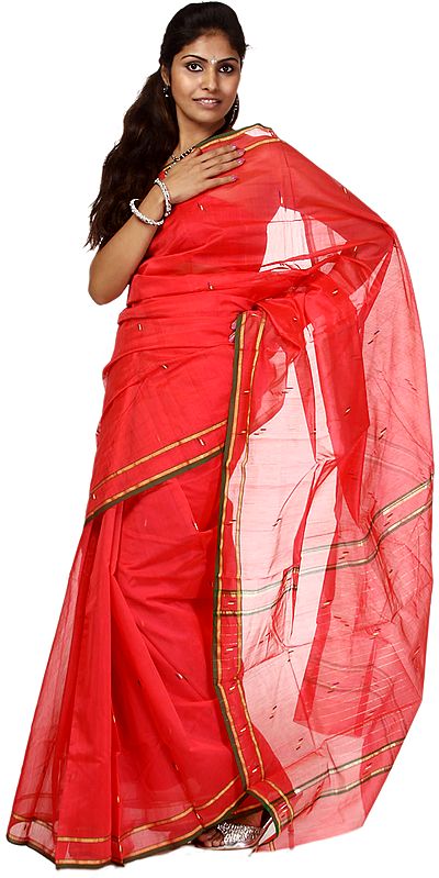 Teaberry-Red Chanderi Sari from Madhya Pradesh with All-Over Embroidered Bootis and Golden Border