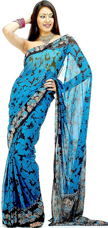 Teal and Black Printed Sari with Sequins on Pallu and Border