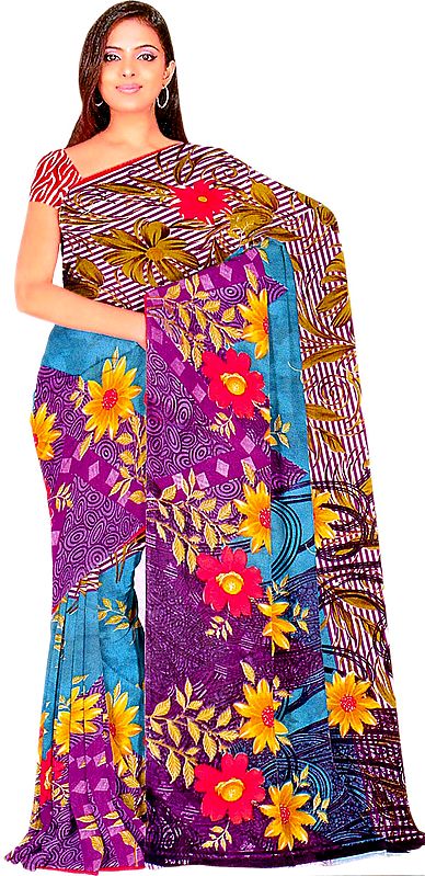 Teal and Purple Sari with Large Printed Flowers