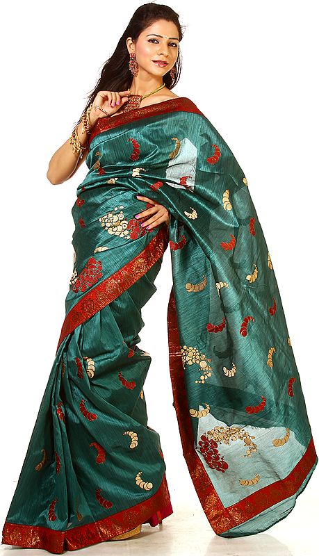 Teal Banarasi Sari with All-Over Embroidered Bootis and Brocaded Patch Border