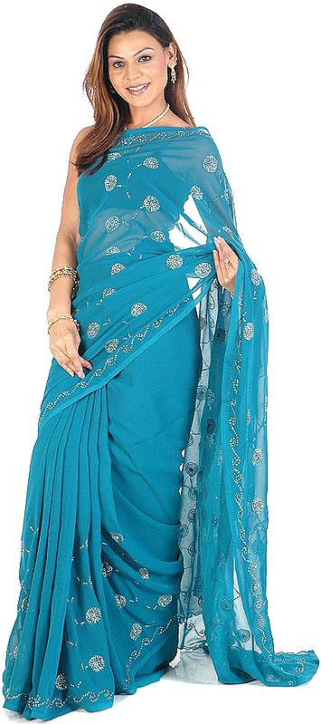 Teal Georgette Sari with Sequins and Threadwork