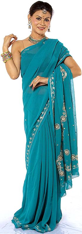 Teal Green Sari with Sequins and Threadwork