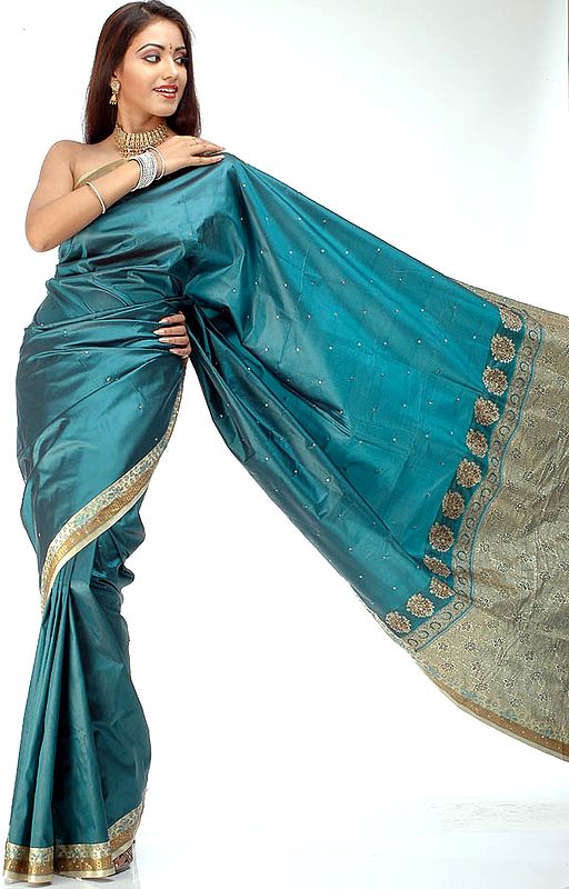 Teal Green Sari with Thread Weave