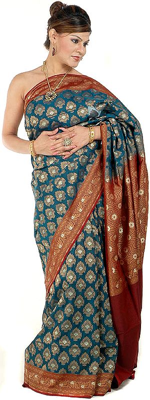 Teal Jamdani Banarasi Sari with Large Bootis Woven All-Over