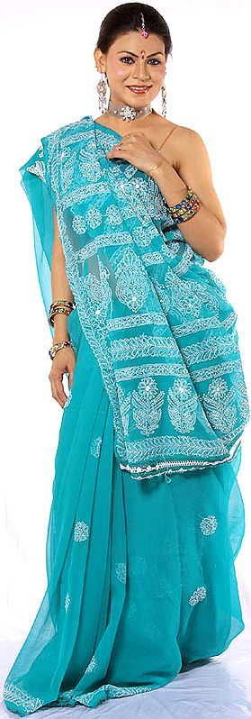 Teal Lukhnavi Chikan Embroidered Sari with Sequins