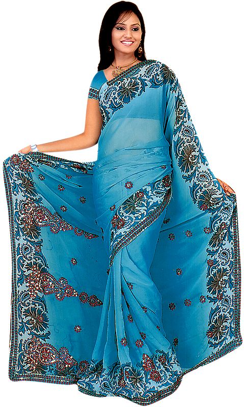 Teal Printed Sari with Embroidered Flowers and Printed Border