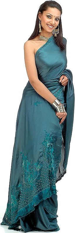 Teal Sari with Beads and Threadwork