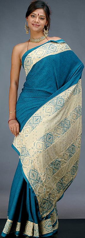 Teal Sari with Threadwork and Ivory Border