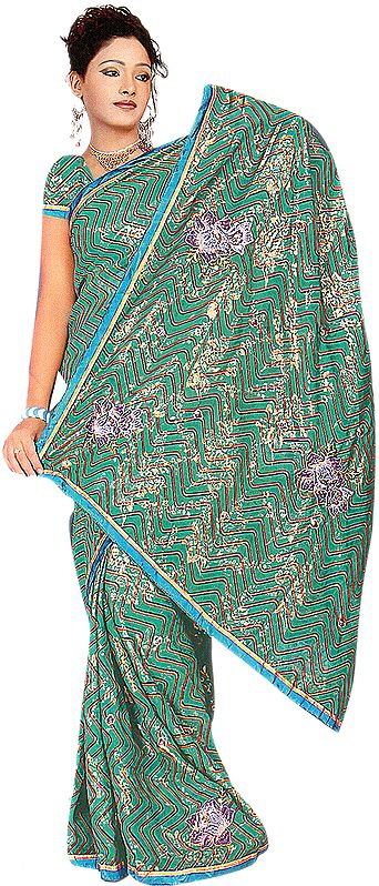 Teal Zig-Zag Print Shimmering Sari with Embroidered Flowers