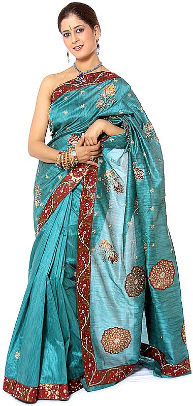 Teal-Green Banarasi Sari with Beadwork and Sequins