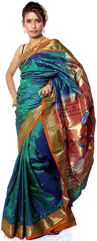 Teal-Green Paithani Sari with Hand-woven Peacocks and Flowers on Anchal in Zari Thread