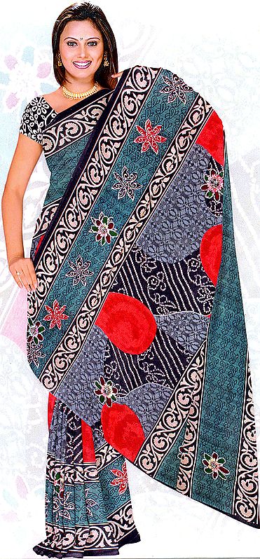 Teal-Green Printed Sari with Embroidered Flowers